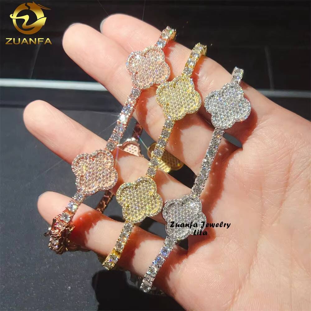 Pass Diamond Tester Fast Shipping New Design 3mm 925 Sterling Silver Clover Moissanite Tennis Chain Bracelet