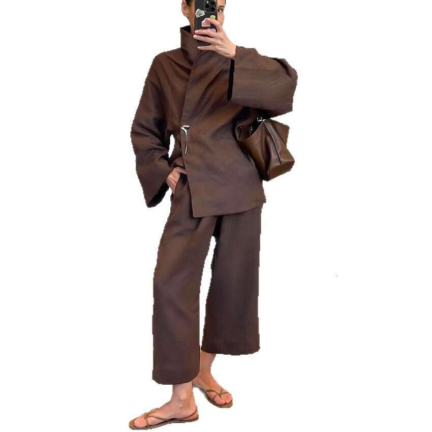 Autumn Winter New Cotton Linen Wrap Top Wide Leg Pants Set For Women Design Sense Elegant Casual Commuting B5