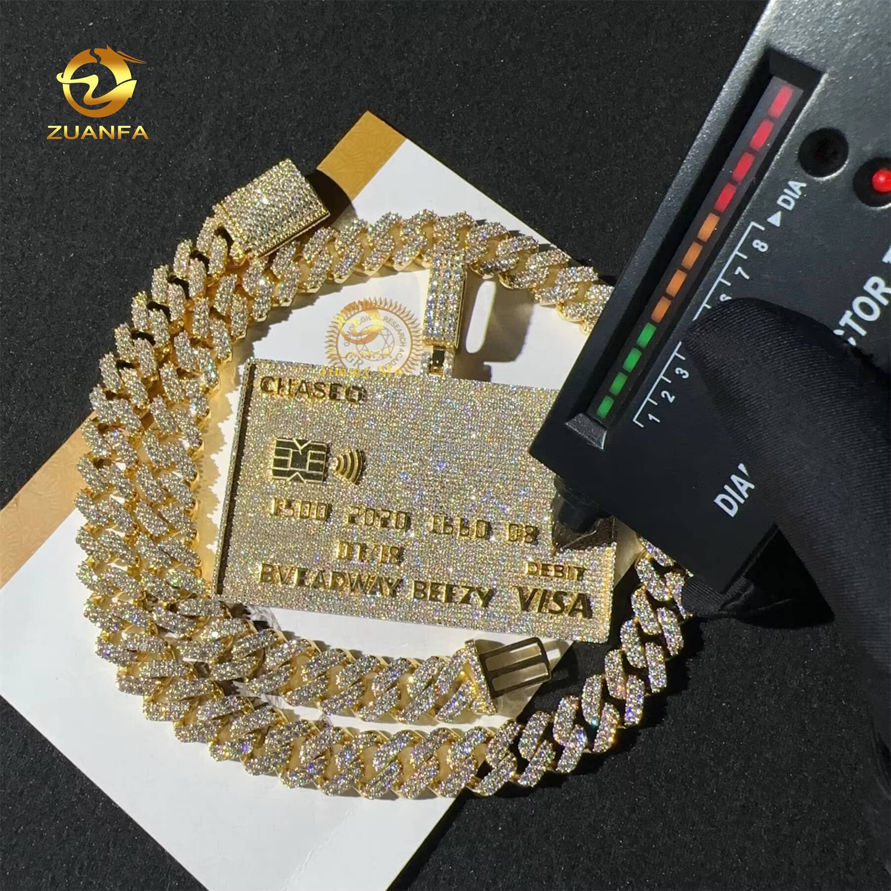 Sparkle Rapper Jewelry 3 Iced Out 3D Fully Jewelry Solid Silver Yellow Gold Plated Moissanite Diamond Credit Card Pendant Set