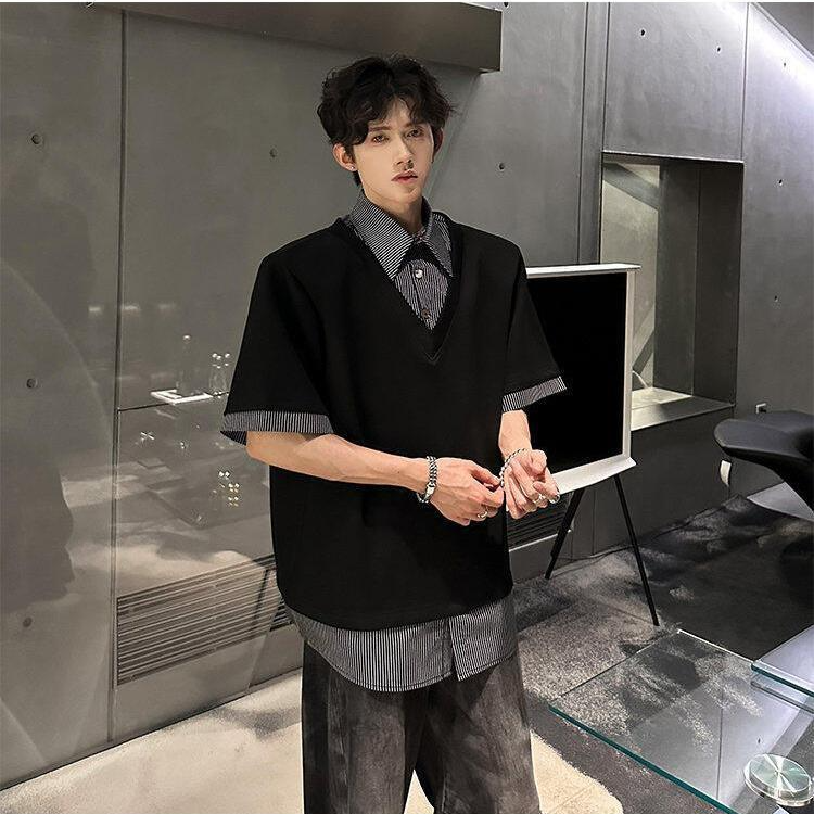 2025 Fake Two-piece Shoulder Pad Short Sleeved Men's Summer Collar T-shirt Niche Design High Street Five Quarter Sleeve Designer T-shirt