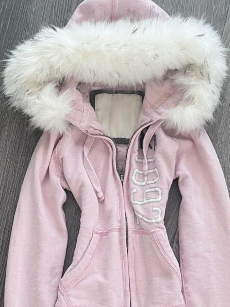 American Vintage Pink Furry Hoodie Women Y2K Harajuku Faux Fur Collar Jacket Fashion Slim Waist Belted Girl Sweatshirt 250905