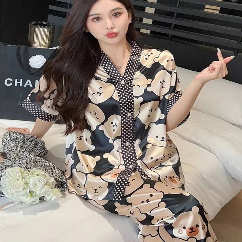 2025 New Ice Silk Pajamas Women's Summer Short sleeved Pants Cartoon design Bear Pajamas Cardigan Green Letter Pajamas Home Clothing Kimono Desig
