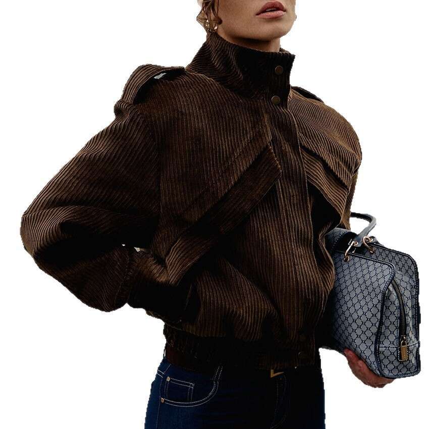 Winter New Motorcycle Style Brown Jacket For Women, Stylish And Casual Corduroy Coat, Commuting B3