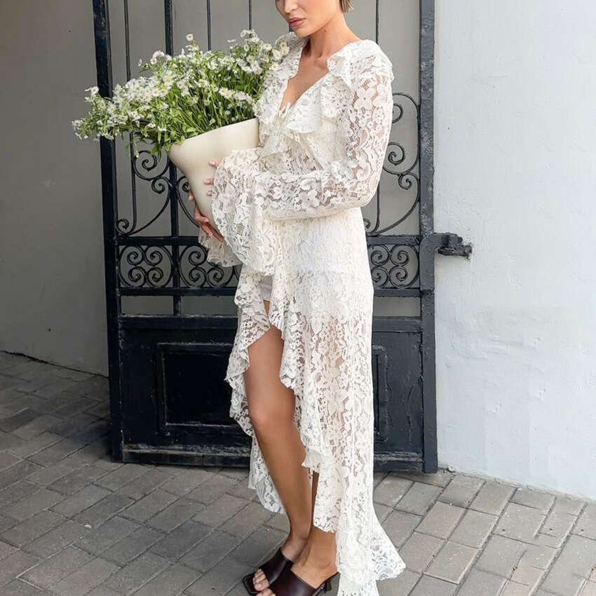 Autumn Winter New French Style Hollow Lace Tie Cardigan Long Sleeve Dress With Design Sense And Fashionable Temperament B3