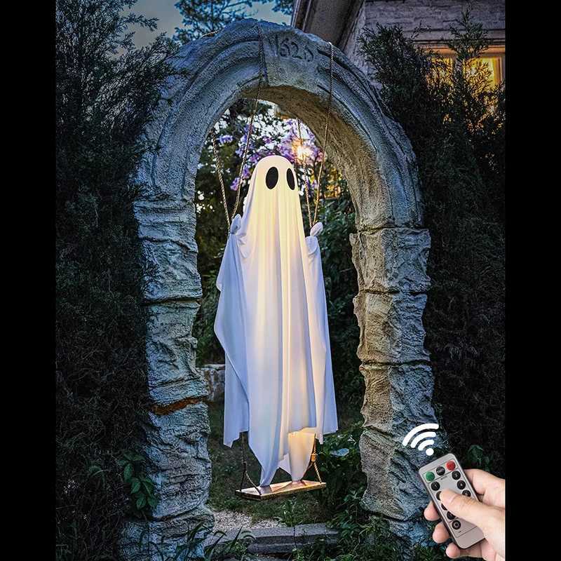 Outdoor Large Hanging Swing Ghost Halloween Decoration With String Lights Ghost Cute Ghost Decoration Front Porch Courtyard Tree W250906 - view 4