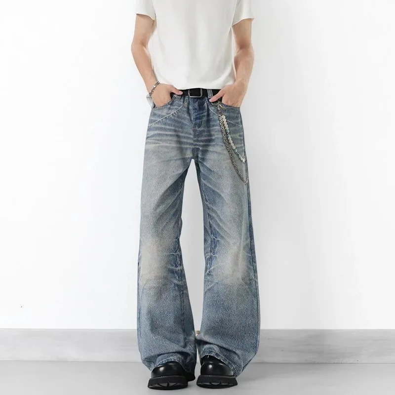 Autumn Men Baggy Jeans Oversize Straight Loose Casual Denim Trousers Solid Color Streetwear Fashion Y2k Wide Leg Elastic Pants 250906