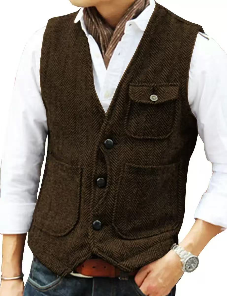 T1652 Men's Vest Korean Style Fashion Single-Breasted Sleeveless Vest Men's Western Cowboy Waistcoat