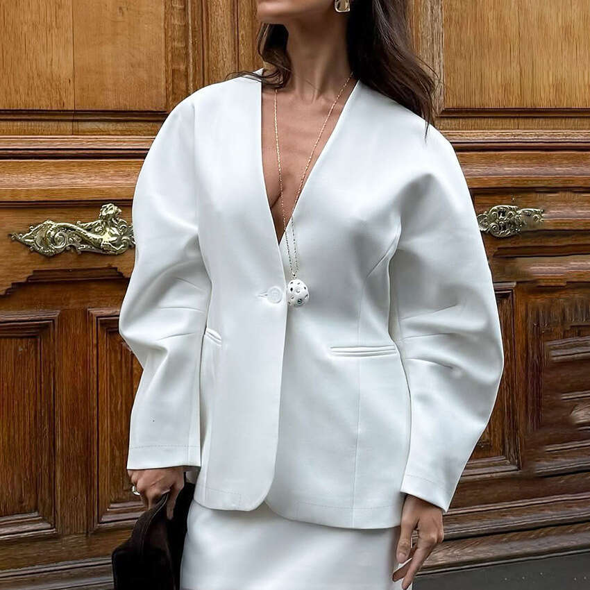 Autumn Winter New High-End V-Neck Waist-Cinching Slim Fit Blazer Design Sense Elegant Fashion Commuting B3