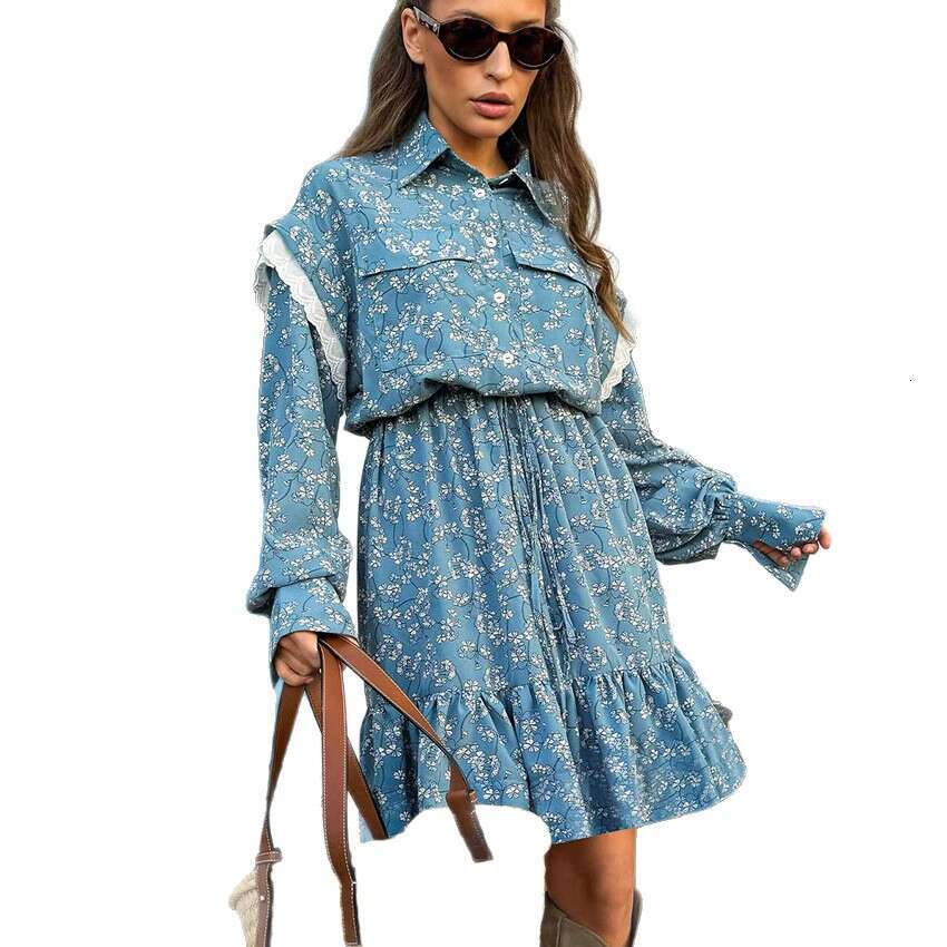 Autumn Winter New Printed Patchwork Long Sleeve A-Line Dress For Women With Design Sense And Fashionable Temperament B5