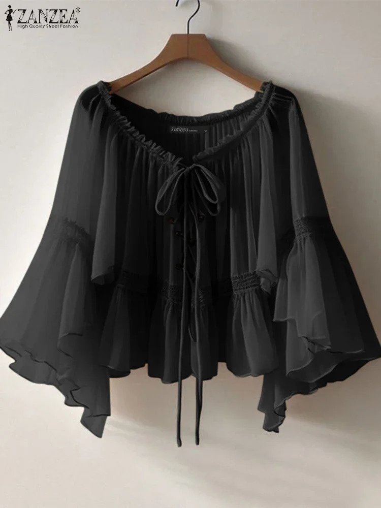 ZANZEA Women Vintage Chiffon Blouse Casual Loose 34 Flare Sleeve Short Tops 2025 Summer Seethrough Vneck Pleating Blusas Femme 250906