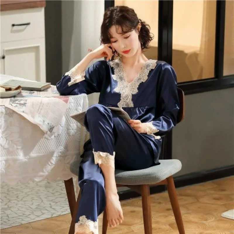 Girls faux ice silk pyjamas ladies longsleeved lace green premium feeling twopiece set of sweet loungewear love blue cloth Y250906