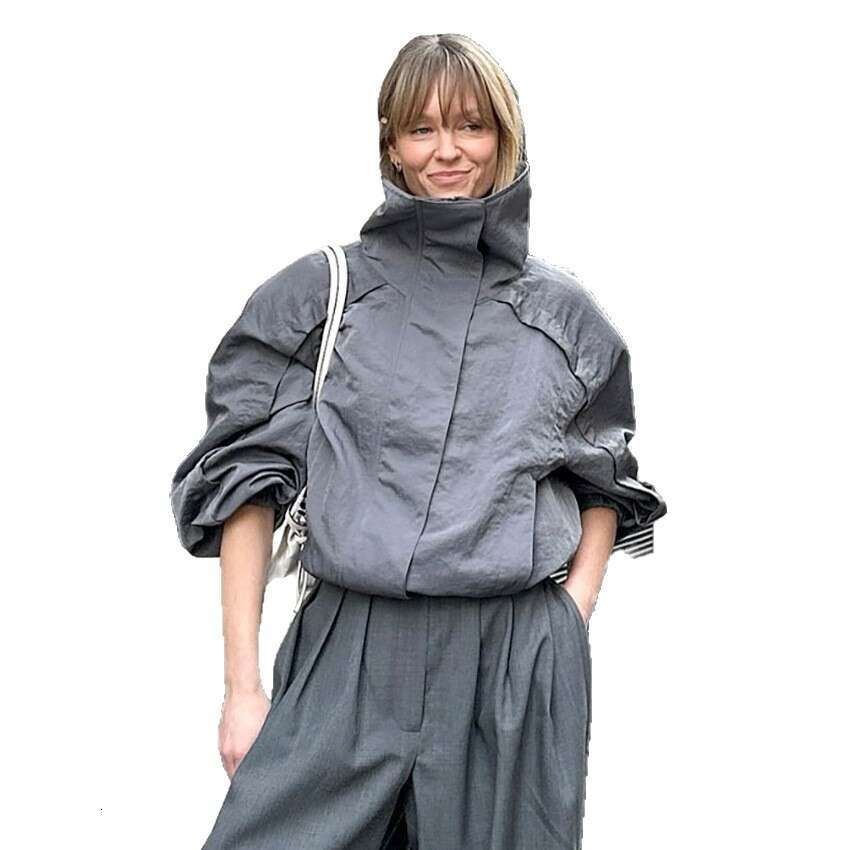 Autumn Winter New American Style Gray High Trench Coat Women Outdoor Jacket Stand Collar Windbreaker B3