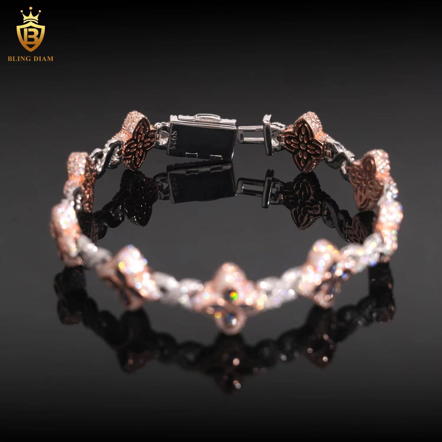 15mm Two Toned Flower Four Clover 925 Sliver Hip Hop Man Jewelry Iced Out Cuban Link Moissanite Infinity Rose Gold Pink Bracelet