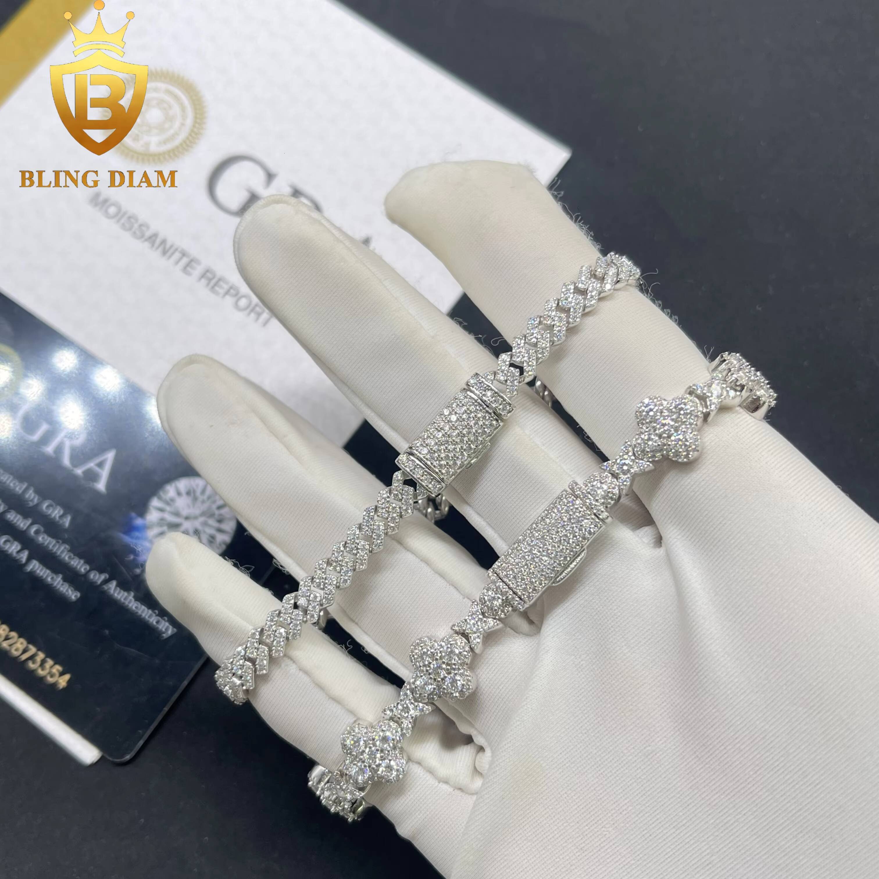 Iced Out Hip Hop Jewelry 925 Sterling Silver Vvs Moissanite 5mm Cuban Link Chains 10mm Flower Cross Bracelets for Men