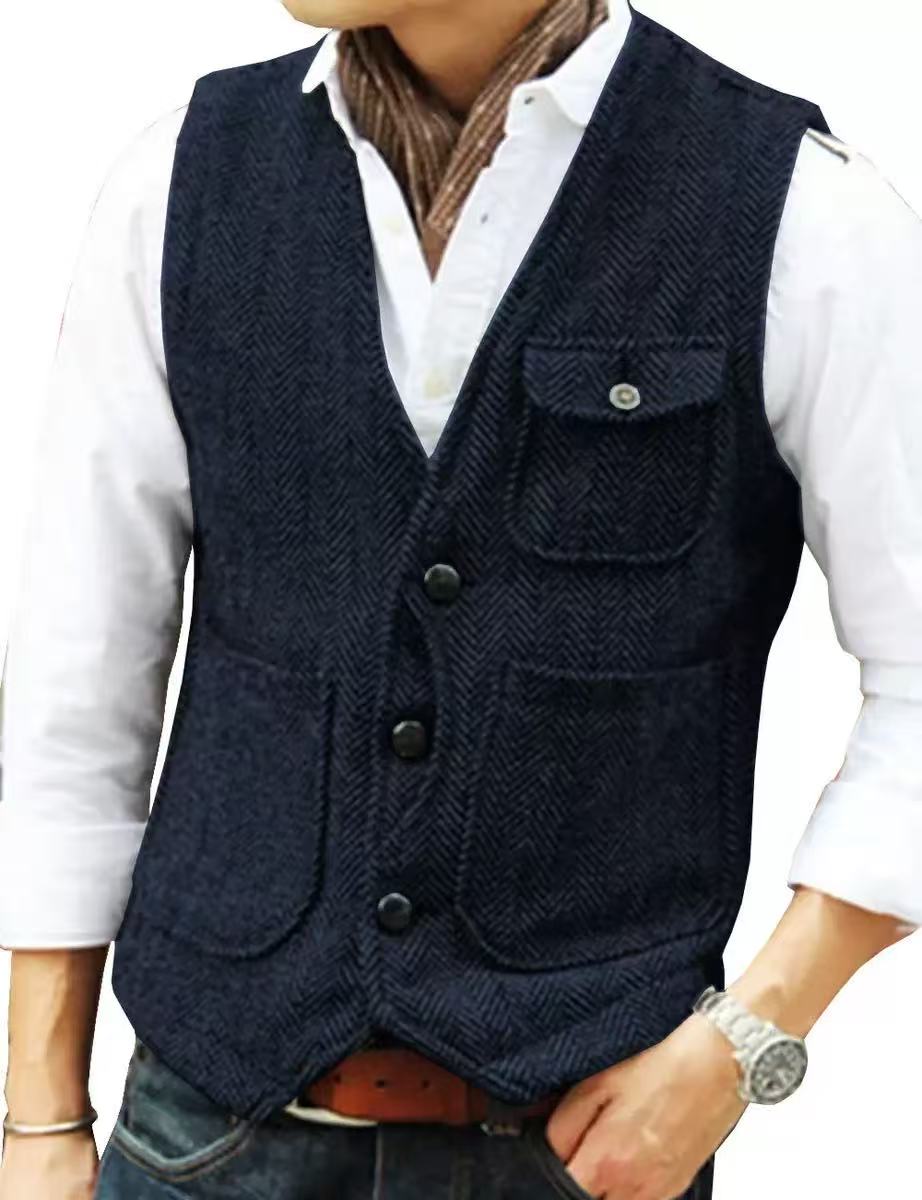 T1652 Men's Vest Korean Style Fashion Single-Breasted Sleeveless Vest Men's Western Cowboy Waistcoat