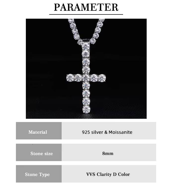 68mm 925 Sterling Silver Tennis Big Cross Necklace Moissanite Pendants and Chain for Men