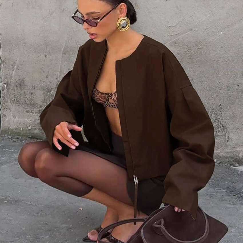 Autumn Winter New Loose Zipper Round Neck Short Long Sleeve Jacket For Women With Design Sense, Elegant And Fashionable Commuting B3