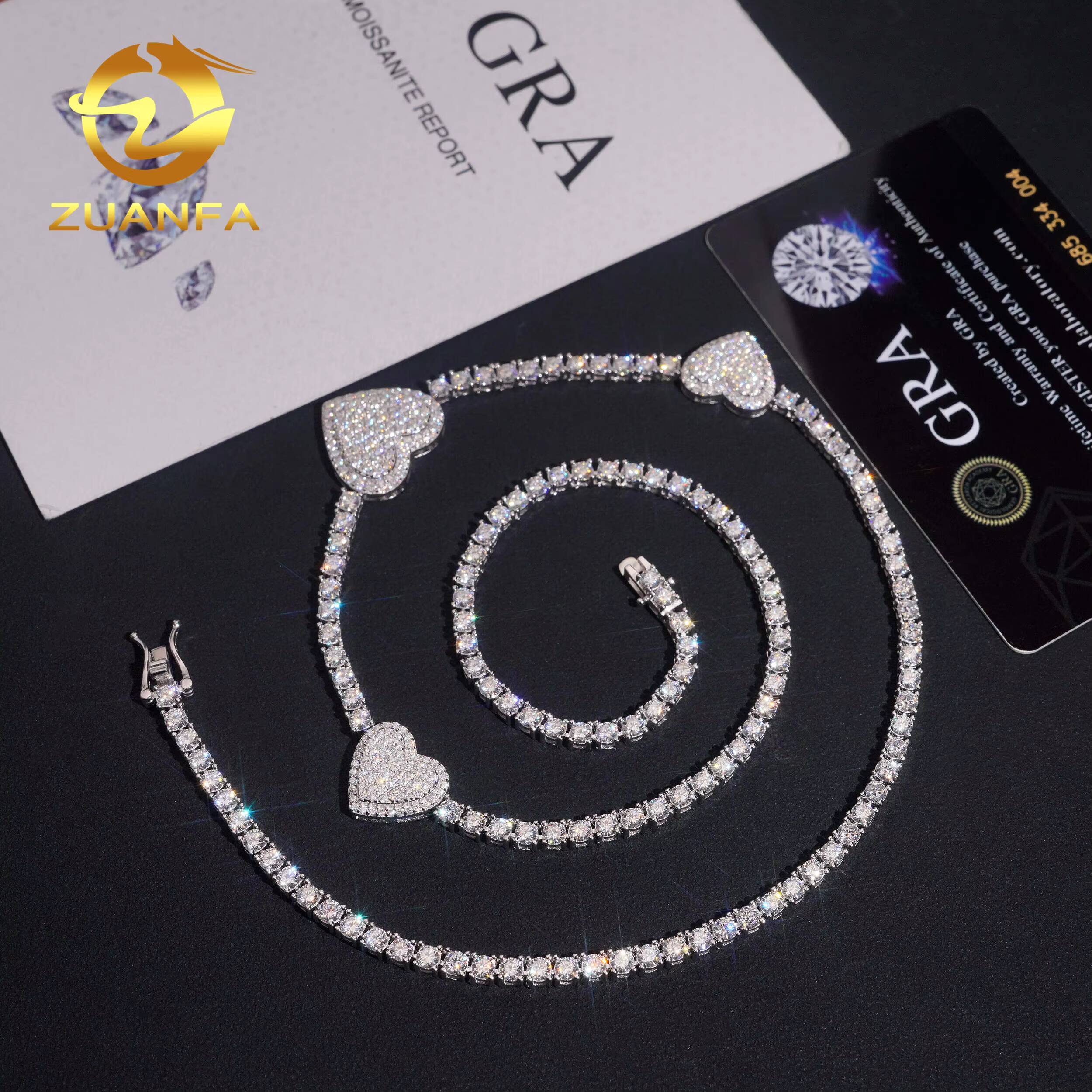 Heart Shape Moissanite Tennis Chain Necklace Charm Necklace 925 Sterling Silver Iced Out Hip Hop Jewelry