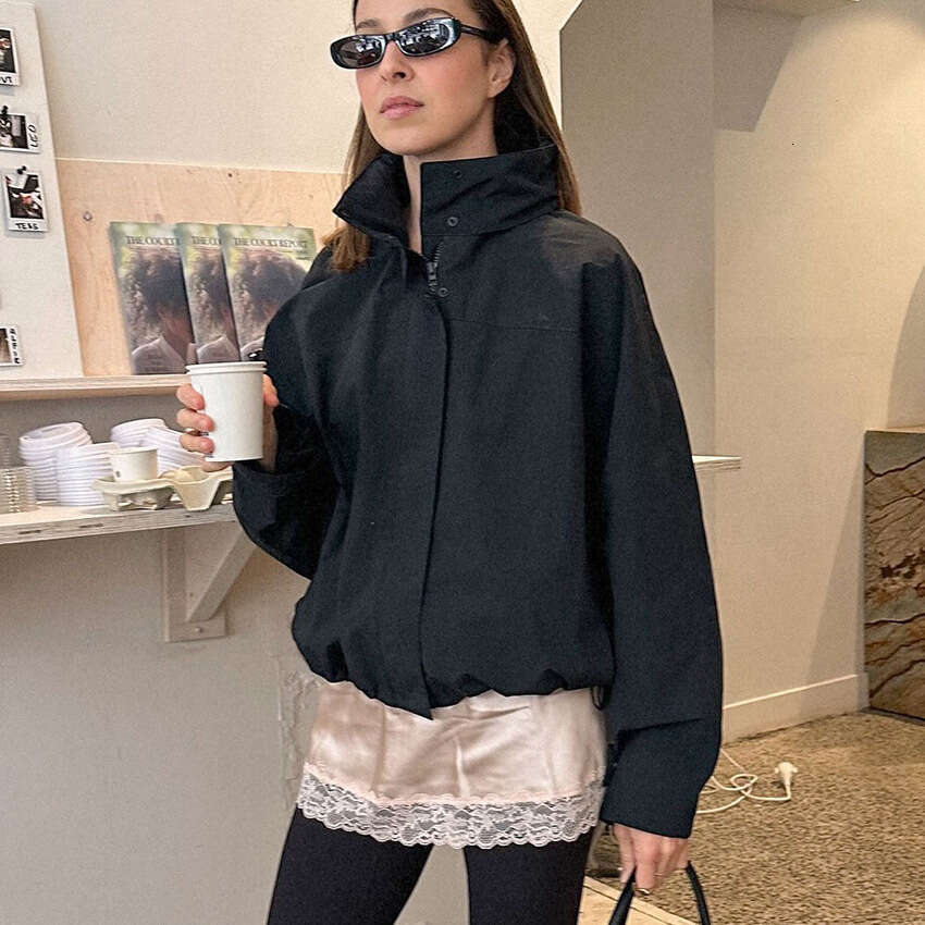 Autumn Winter New Loose Drawstring Outdoor Jacket Design Sense White Black Stand Collar Trench Coat B3