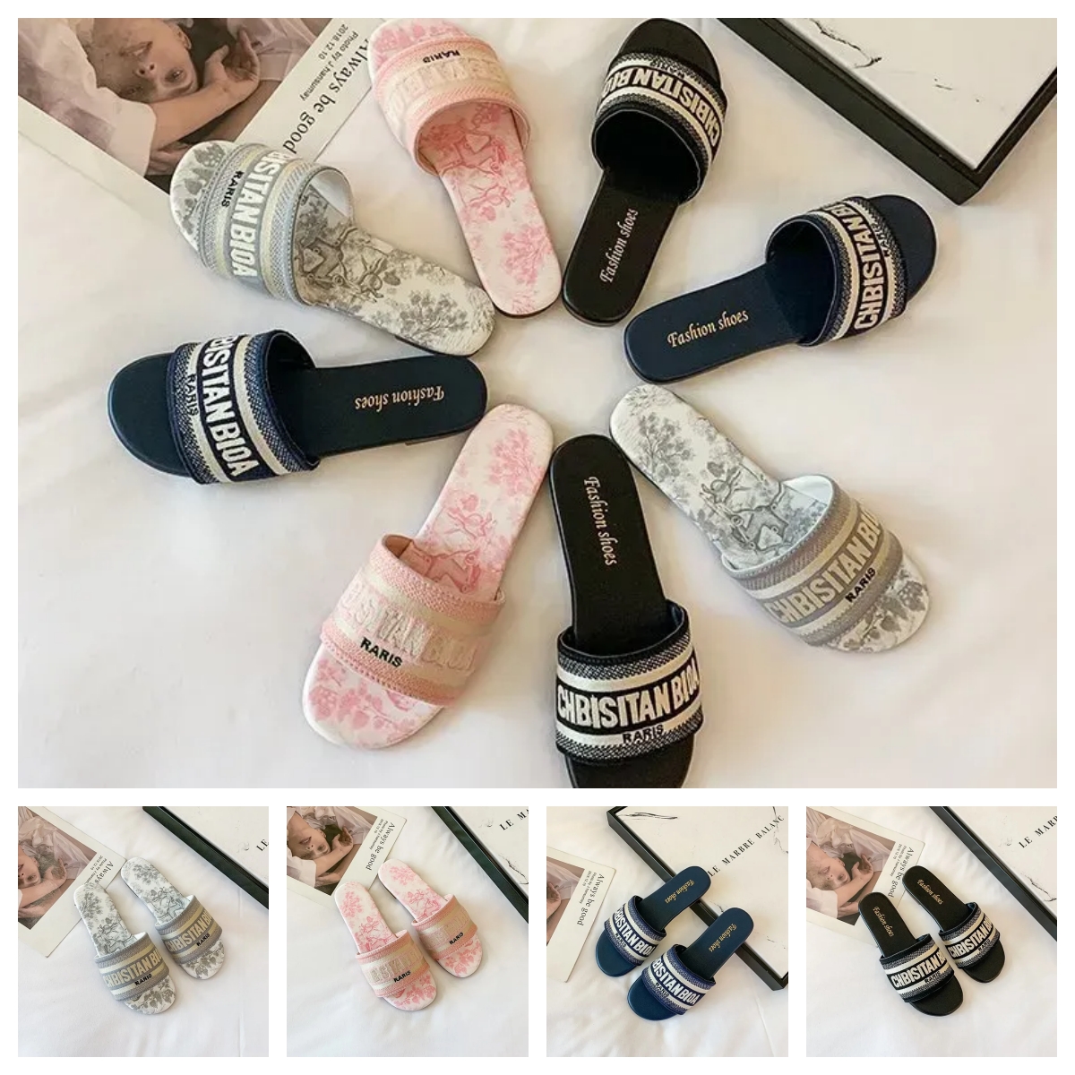 Free shipping new designer slippers comfortable flat slides for womens sandals girl blue pink fashion embroidery slipper outdoor shoes