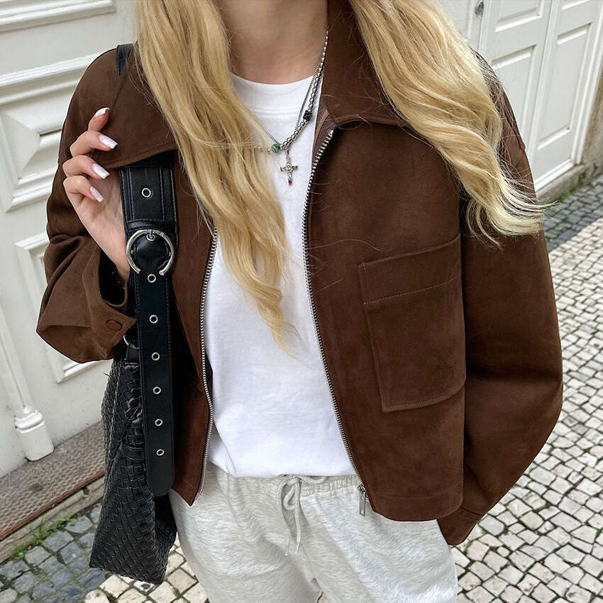 Autumn Winter New Style Turn-Down Collar Zipper Suede Brown Jacket Coat Design Sense Elegant Fashion Commuting B3