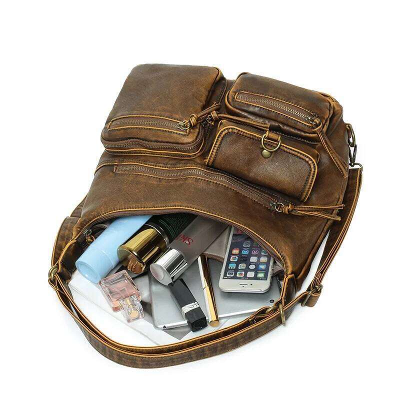 Women's Large PU Shoulder Fashion Top-Handle Vintage Black Dyeing Dumpling Pack Multi-Pockets Crossbody Bag