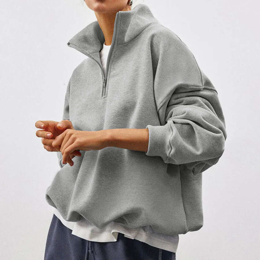 Autumn Winter New Loose Zipper Stand Collar Long Sleeve Gray Sweatshirt Women With Design Sense And Casual Style For Commuting In B5