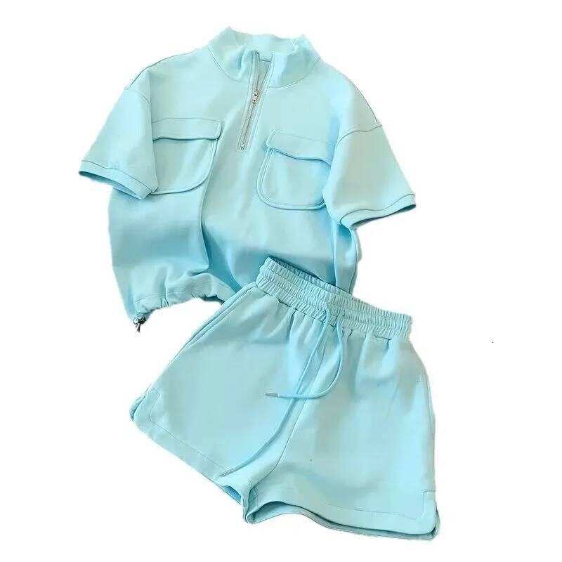 2025 Summer New Women's S Slant Neck Half Zipper Fashion design Casual Shorts Set Fashion Sports Designer Unique Set