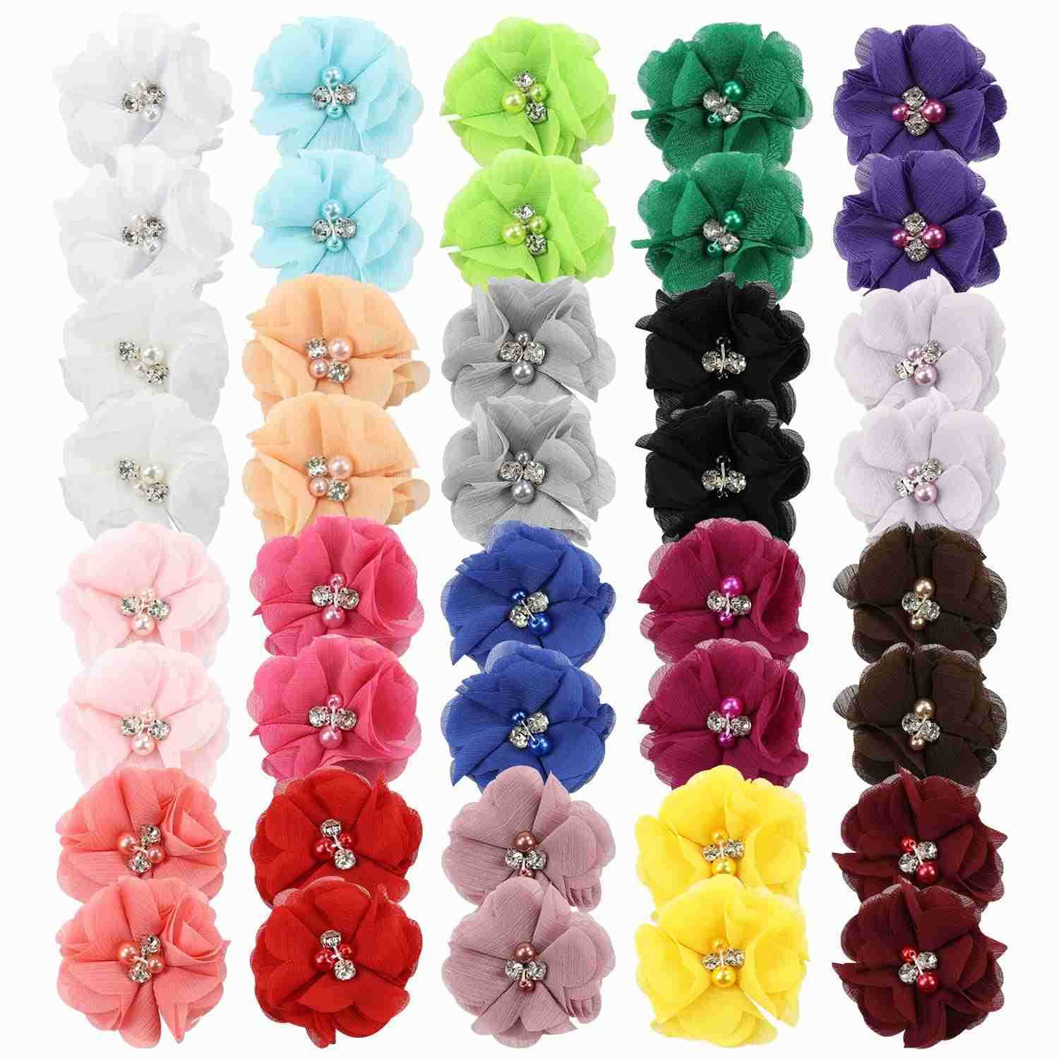 40 Pack20 Pairs 2 Solid Chiffon Flower with Rhinestones Pearls Ponytail Pigtail Alligator Hair Clips Barrettes 2 Inch Small Floral Bows Accessories fo