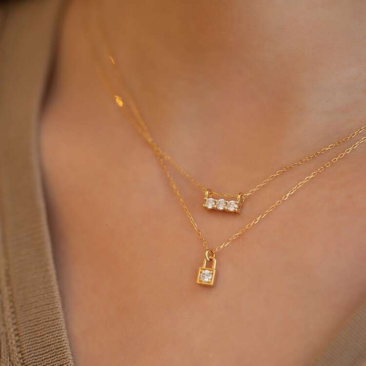 DH collections S925 Sterling Silver 18K Gold - Plated Lock - shaped Zircon Pendant Necklace