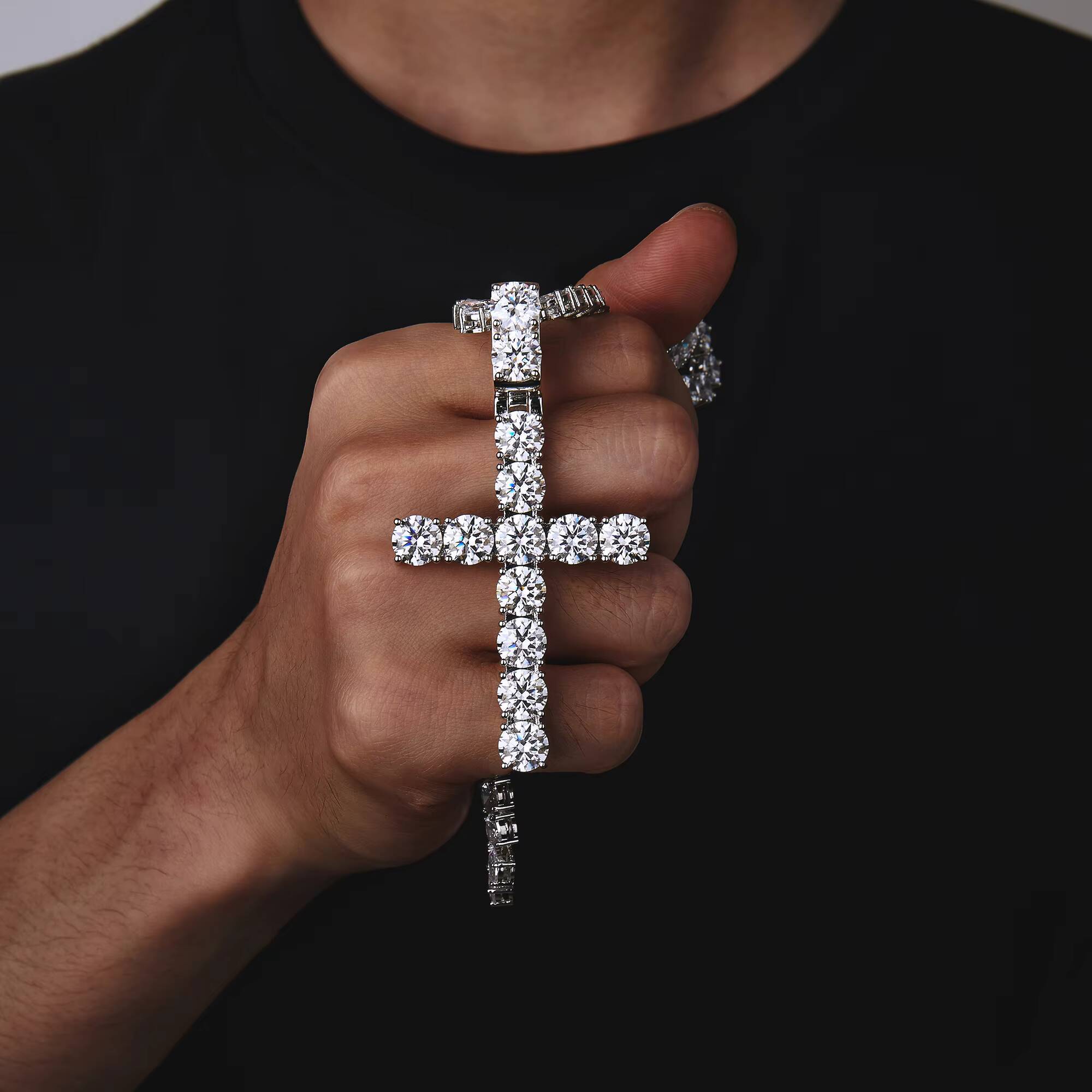 68mm 925 Sterling Silver Tennis Big Cross Necklace Moissanite Pendants and Chain for Men