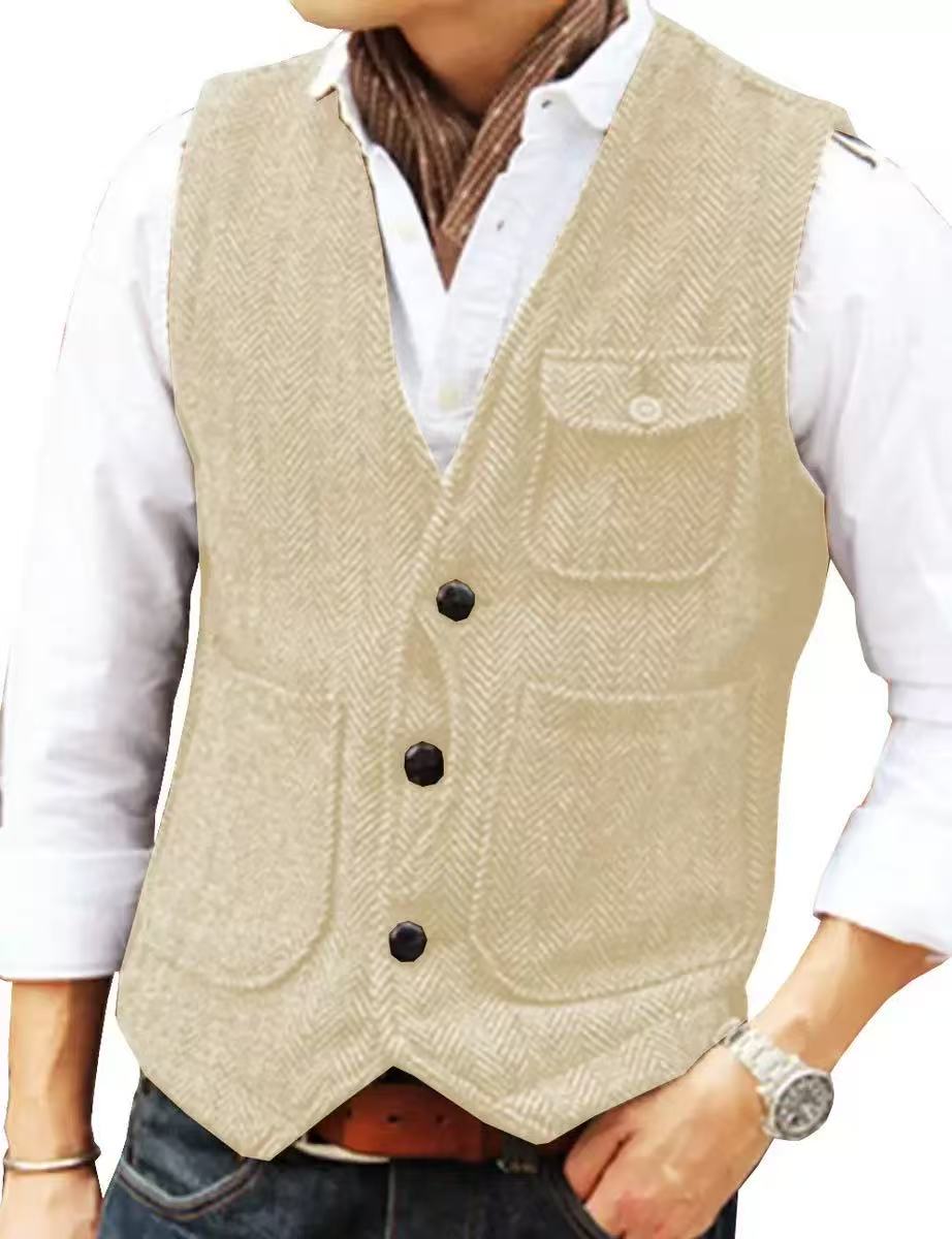 T1654 Men's Vest Korean Style Fashion Single-Breasted Sleeveless Vest Men's Western Cowboy Waistcoat
