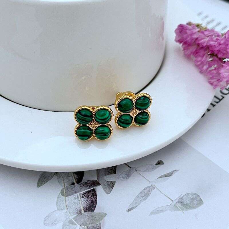 DHpet Fashionable Light Sweet Inlaid Glass Pearl Malachite Four-Leaf Clover Shape Metal Earrings
