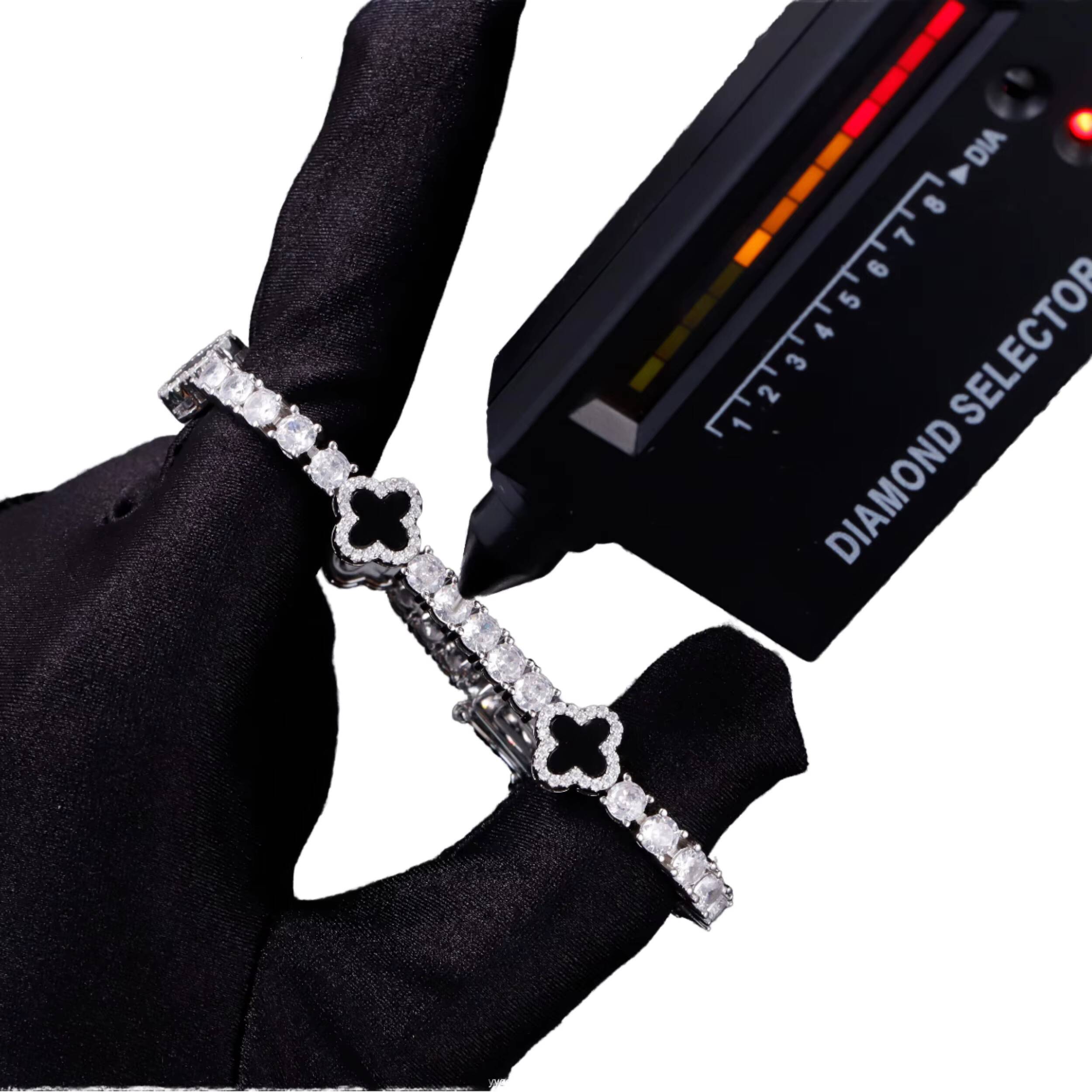 Fashion S925 Silver Tennis Bracelet 345mm Mossanite Natural Black Agate Onyx Clover Tennis Chain Gold Sterling Silver Jewelry