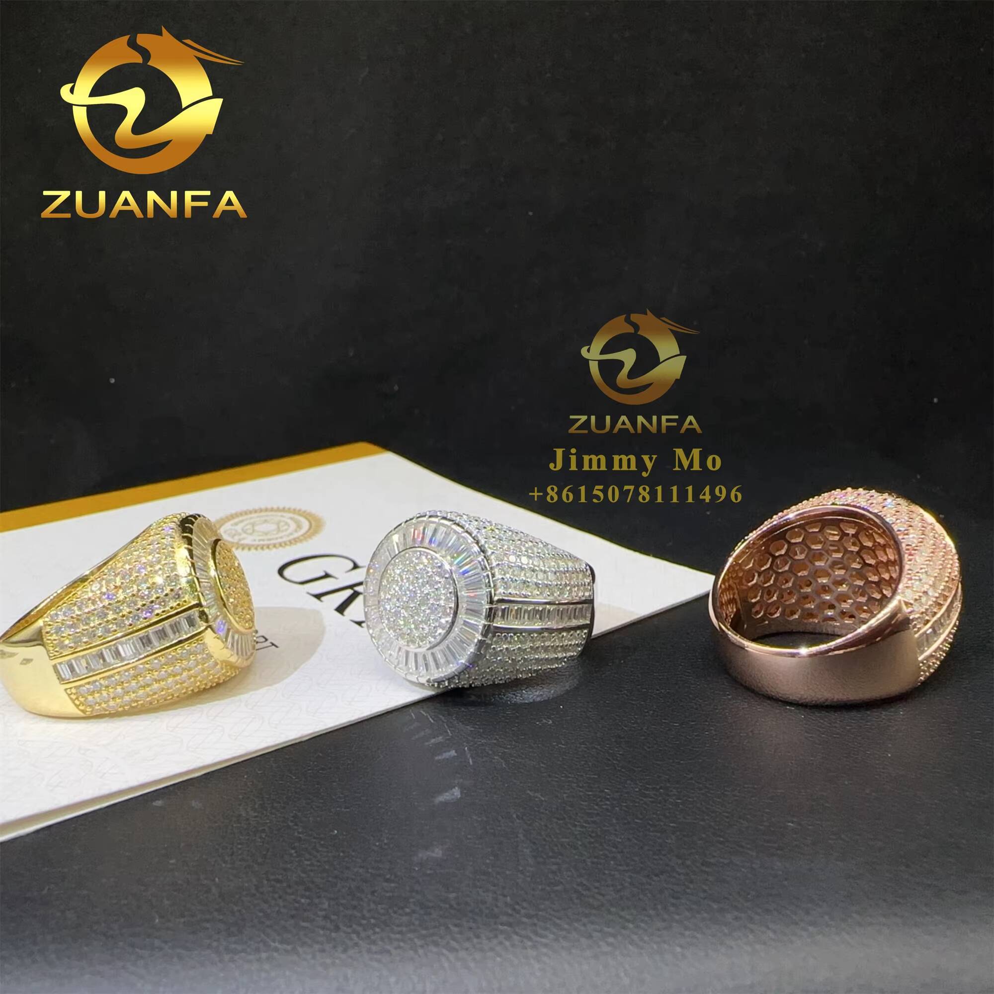 Best Selling GRA Certificate Iced Out Hip Hop Vvs Baguette Moissanite Diamond 925 Solid Silver Round Ring for Man