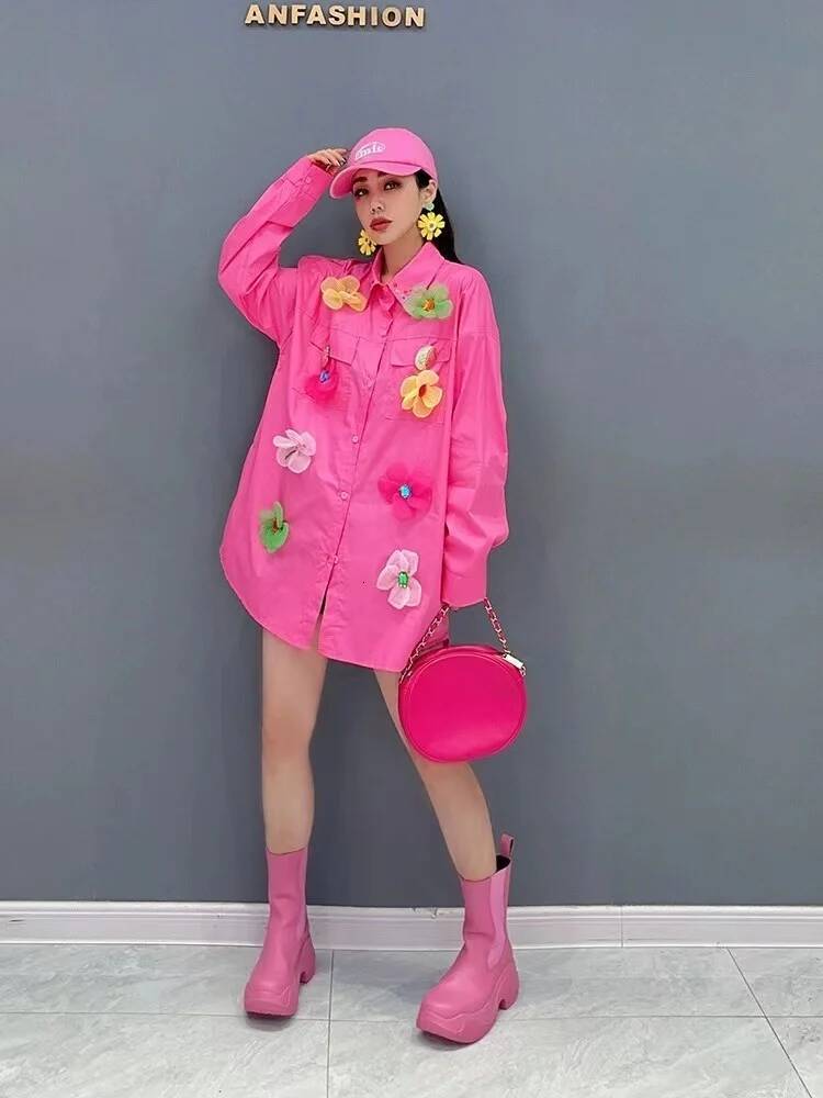 2025 Designer's New Sequins Diamond Flower Embroidery Cotton Long Oversized Women's Shirt Spring Long Sleeve Shirt Y K Top design powder blu