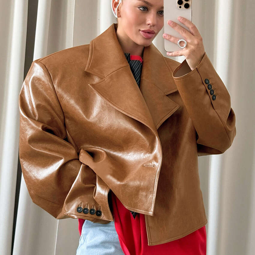 Autumn Winter New Style Suit Collar PU Leather Jacket Women With Design Sense, Elegant And Fashionable For Commuting B3