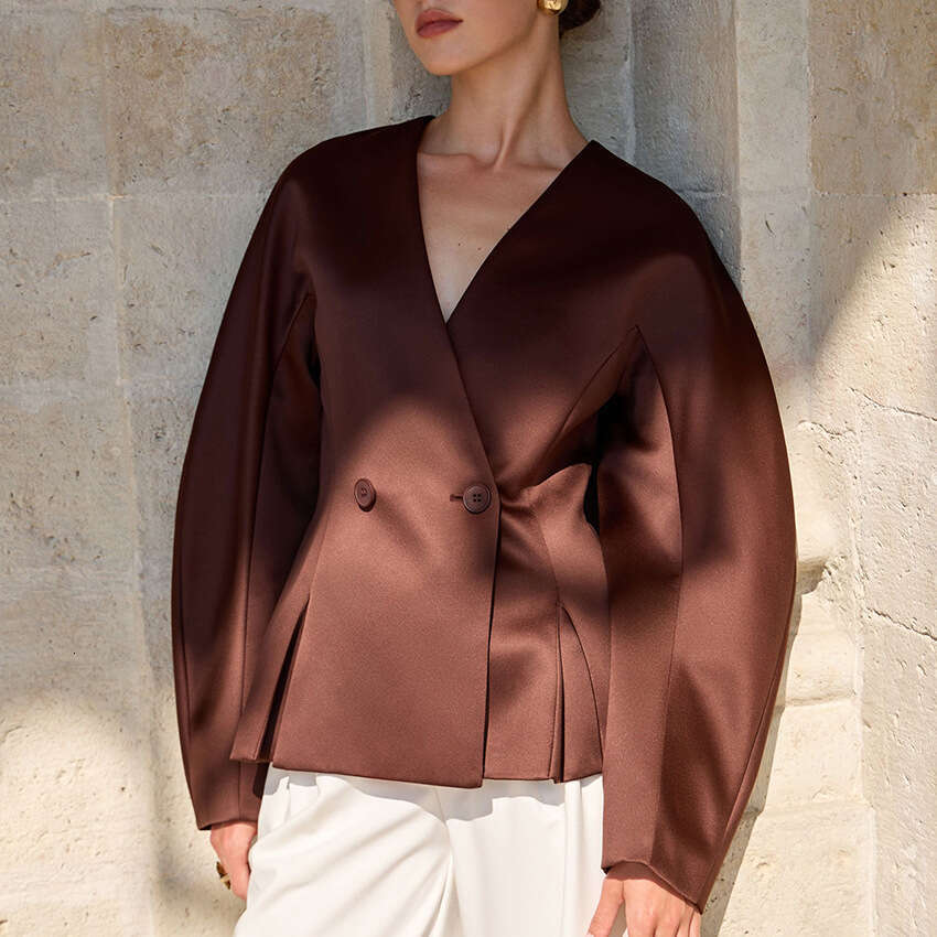 Autumn Winter New V-Neck Waist-Cinching Shirt Women With Design Sense, Elegant Fashion Satin Blouse For Commuting B3