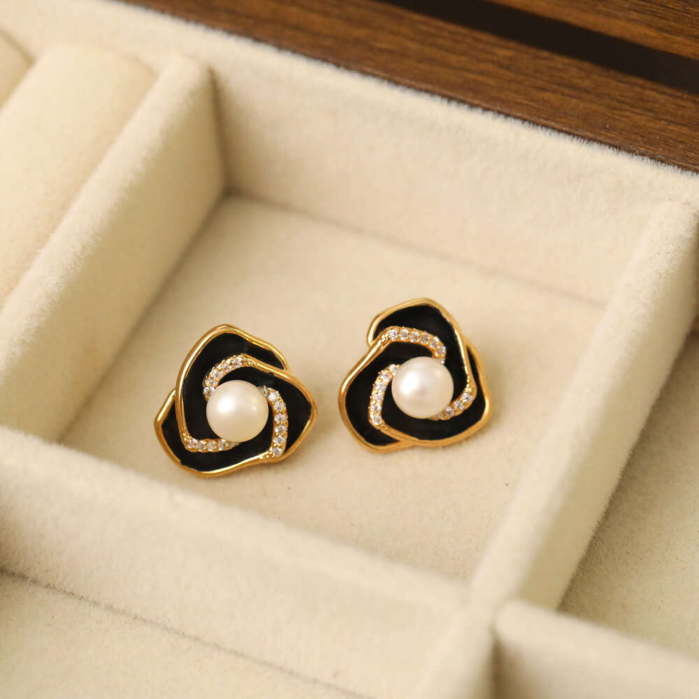 DH collections Korean - Style Metal Enamel Glaze Camellia Pearl Stud Earrings for Women
