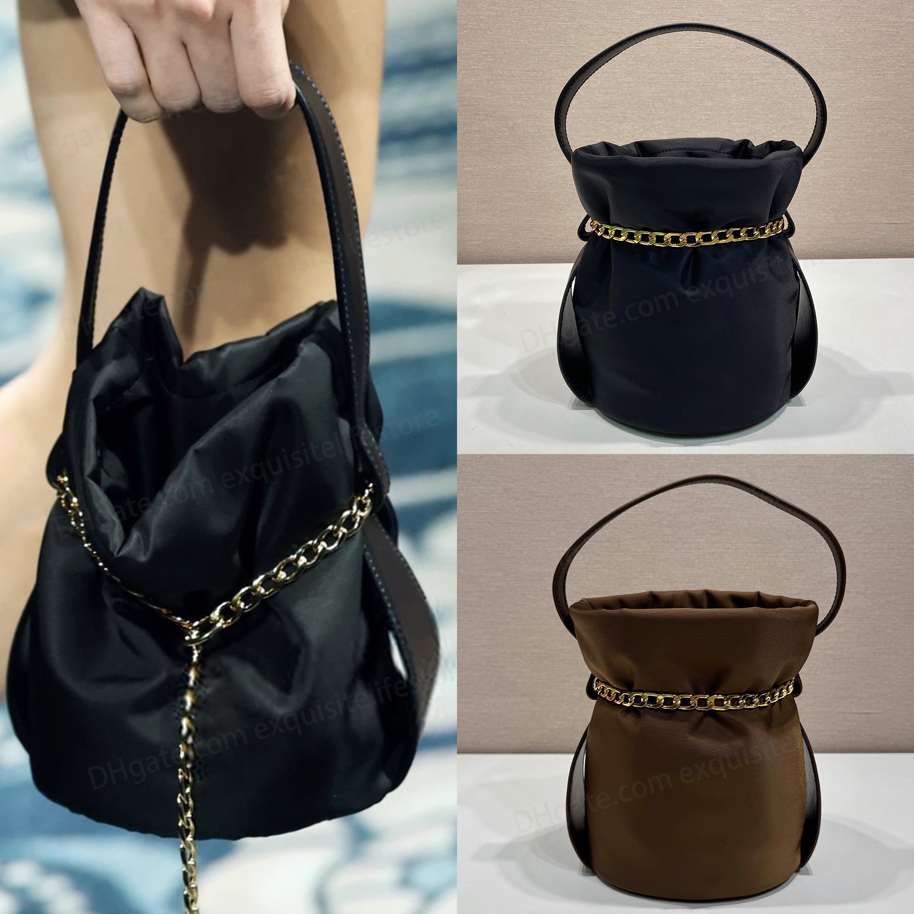 New Mini Nylon Nappa Leather Bucket Bag Luxury Designer Golden Hardware Light Padding Shoulder Bag Chain Closure Handbag Women Casual Shopping Clutch Bag 10A