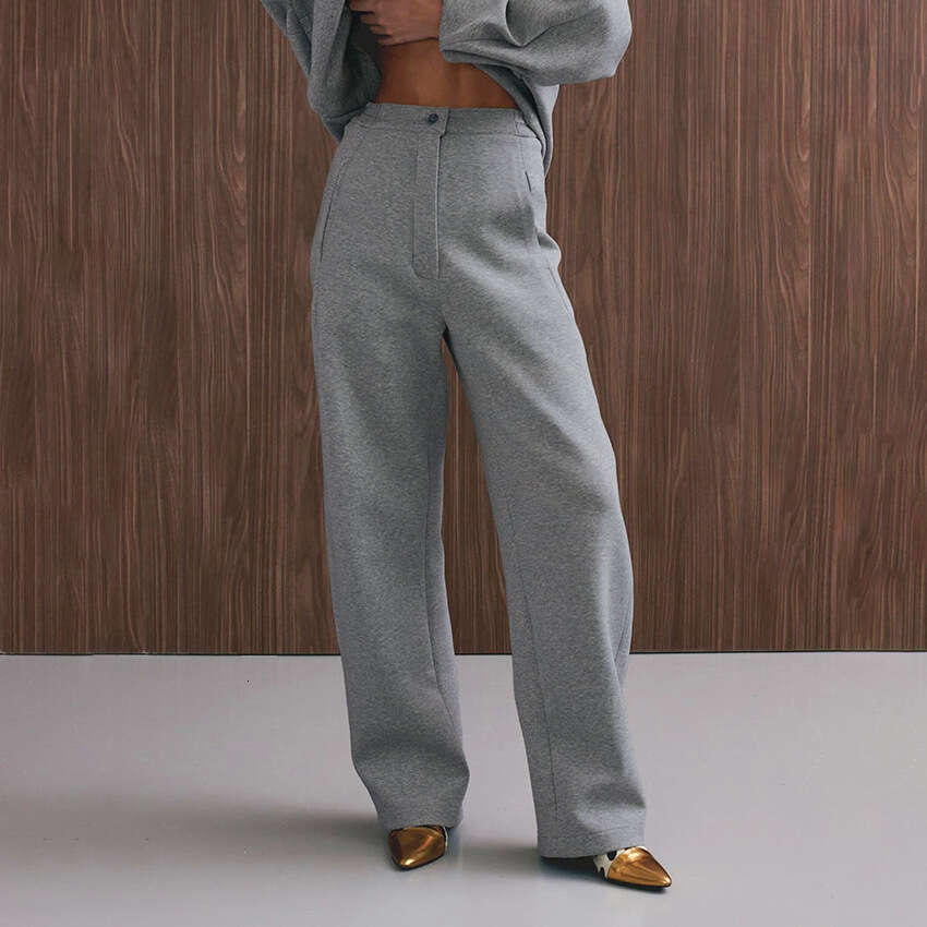 Autumn Winter New Loose V-Neck Gray Thickened Long-Sleeve Long-Pants Set For Women With Design Sense And Elegant Temperament B5