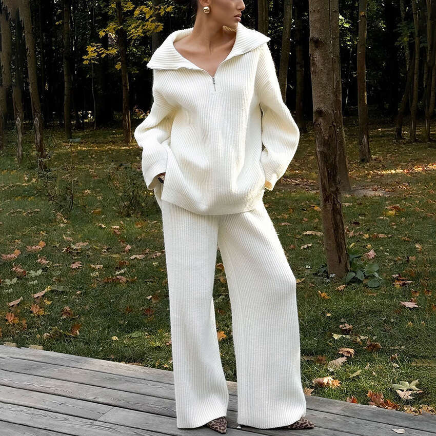 Autumn Winter New Zipper Turn-Down Collar Sleeve Long Pants Knitted Suit For Women Design Sense Elegant Fashion Commuting B5