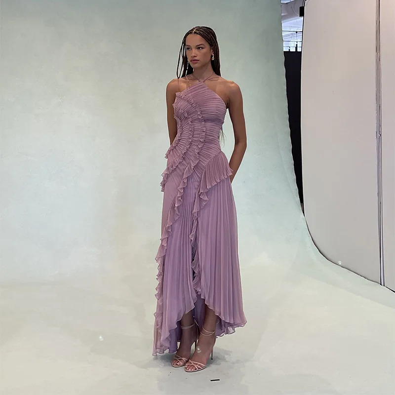 Chic Elegant Lotus Edge Maxi Dress Slim Fit Backless Lace Up Halter Robes Sleeveless Party Vestidos Nw Lady Vacation Gowns 250905