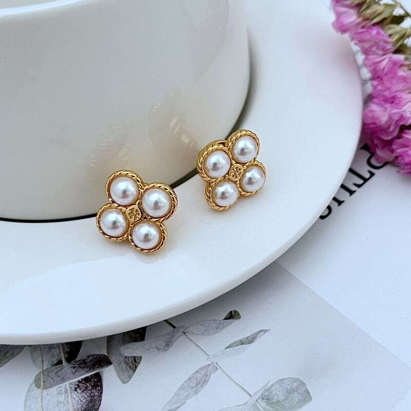 DHpet Fashionable Light Sweet Inlaid Glass Pearl Malachite Four-Leaf Clover Shape Metal Earrings