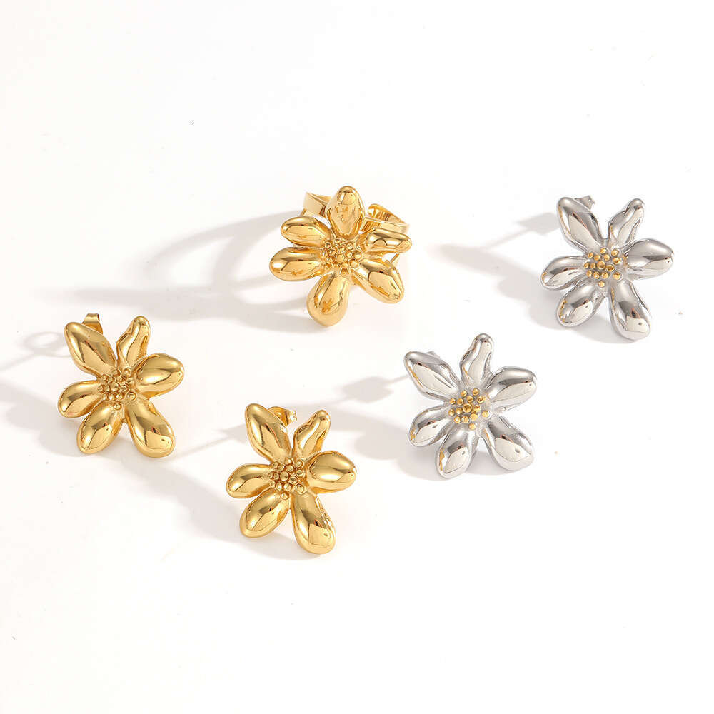 DHpet Irregular Flower Stainless Ring Jewelry Set for Women Personality Temperament Gold Titanium Steel Stud Earrings
