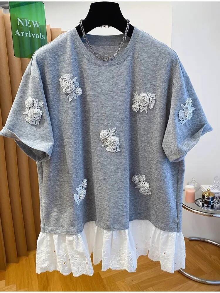 2025 new plus size design Pou design bead Ort Sve T Irt women's summer loose fit lace designer patchwork Korean style sled top