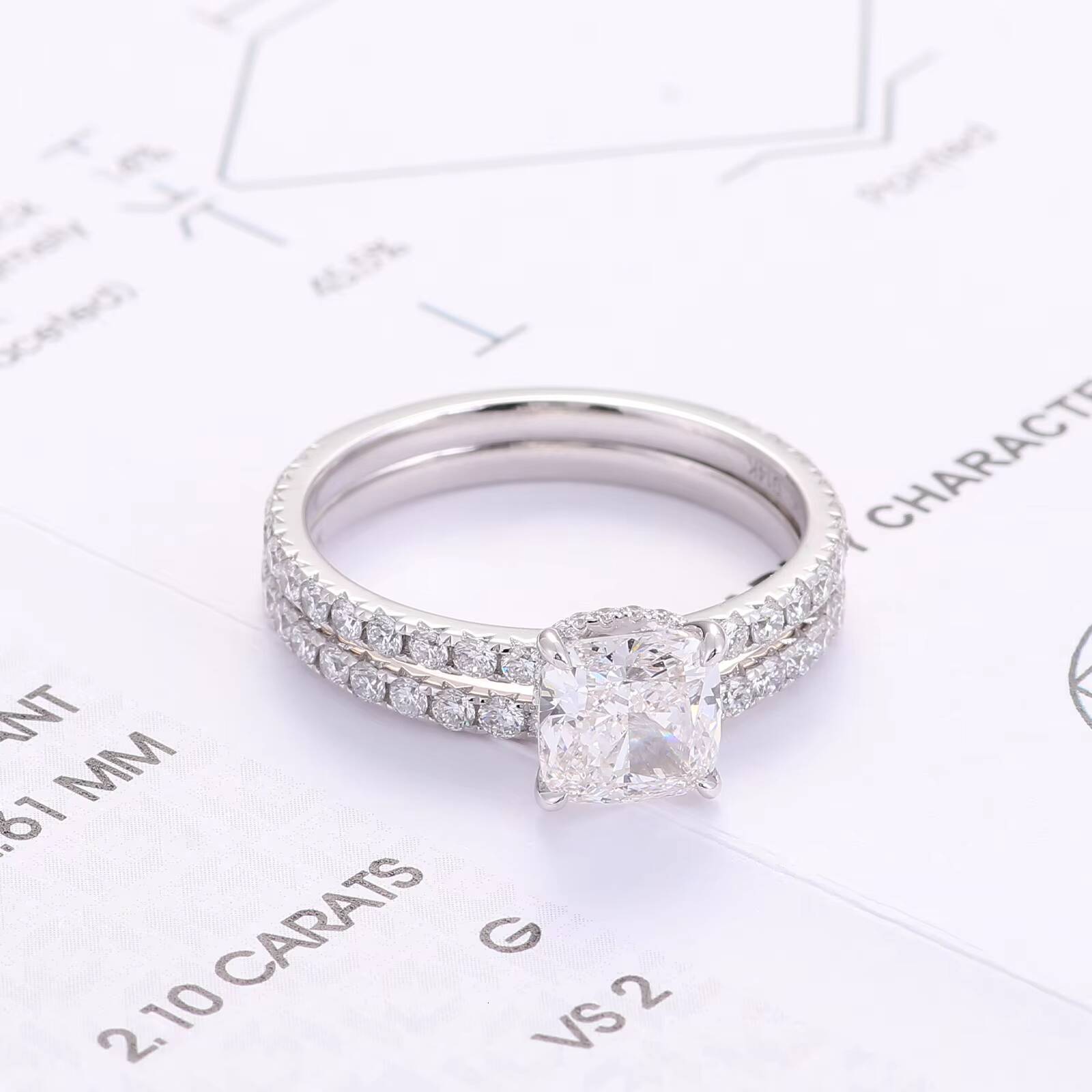 Fine Jewelry Women Custom 14K 18K White Gold Diamond Engagement and Wedding Band Ring 2ct Cushion Cut Lab Diamond Ring