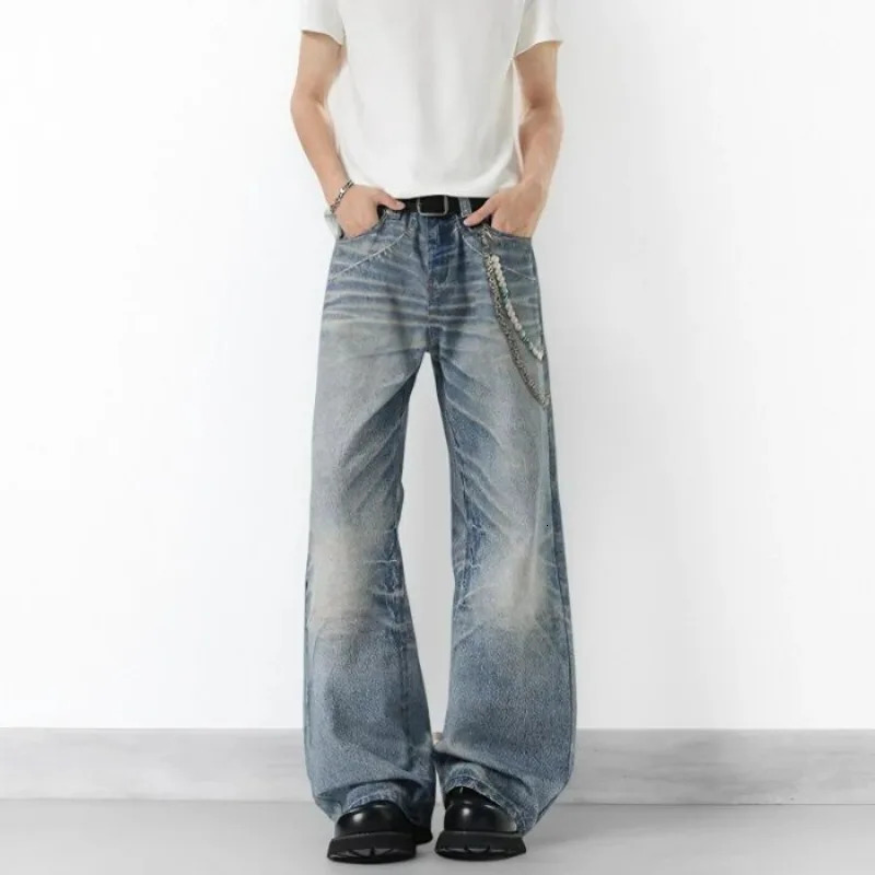 Autumn Men Baggy Jeans Oversize Straight Loose Casual Denim Trousers Solid Color Streetwear Fashion Y2k Wide Leg Elastic Pants 250906