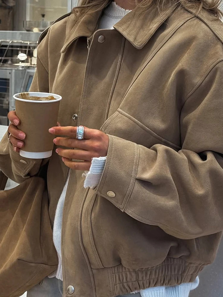 Thicken Suede Jacket Loose Lapel Long Sleeves Zipper Elastic Band Coats Female 2025 Autumn Chic Commute Solid Outwears 250905