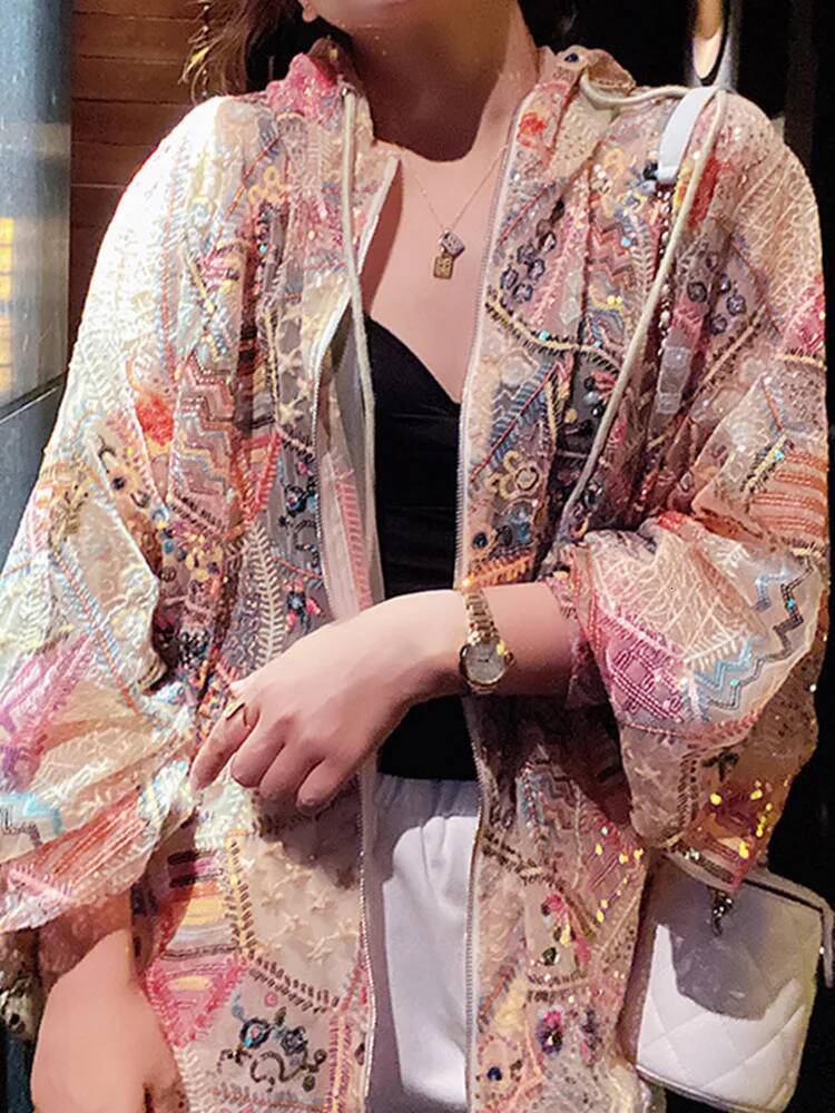 2025 new women's sequined hooded jacket design jacket, thin bead baseball cardigan, sun protection zipper bomb jacket, pink designer shiny mesh p